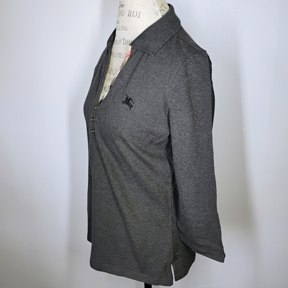 Burberry London Polo Shirt Womens XL Gray Check Trim 3/4 Sleeves Preppy Classic - Picture 3 of 10